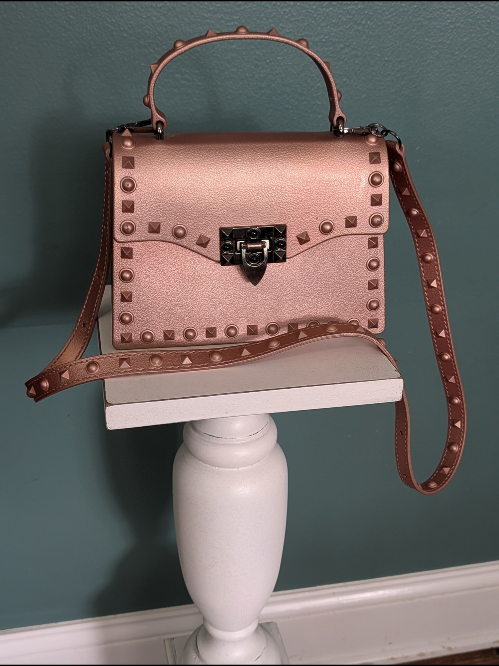 Metallic Rose Gold Studded Jelly Handbag/Crossbody Bag